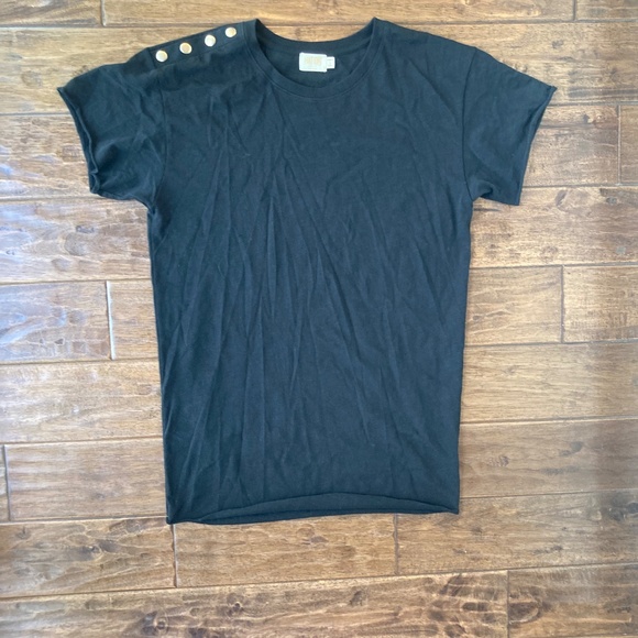 Nation LTD Anthropologie Terrin Snap Crop Top Large Black Rolled Hem 100% Cotton - Picture 2 of 10